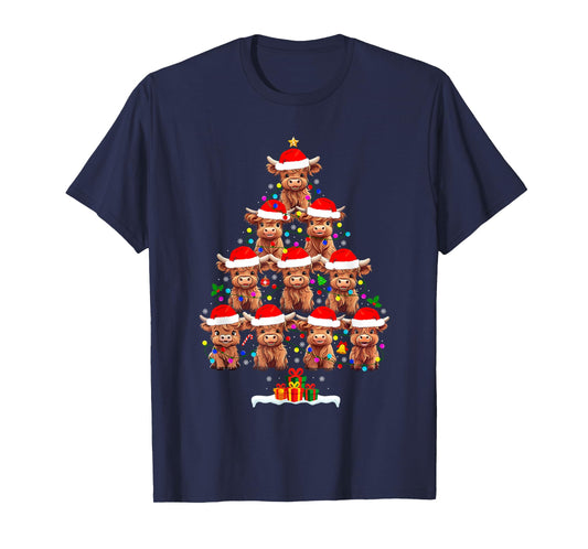 Scottish Highland Cow Christmas Tree Lights Xmas Pajamas T-Shirt
