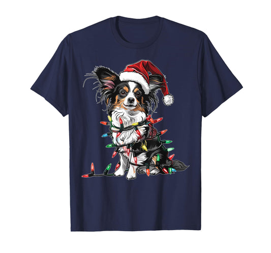 Cute Papillon Dog Christmas Hat Xmas T-Shirt - Cute Papillon Dog Christmas Hat Xmas Gifts - Unisex-Kids, Unisex-Adults - Red - Small - Short Sleeve - T-Shirt