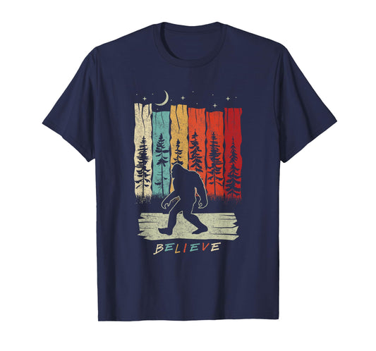 Bigfoot Night Moon Shirt Believe Sasquatch Retro Men Kids T-Shirt