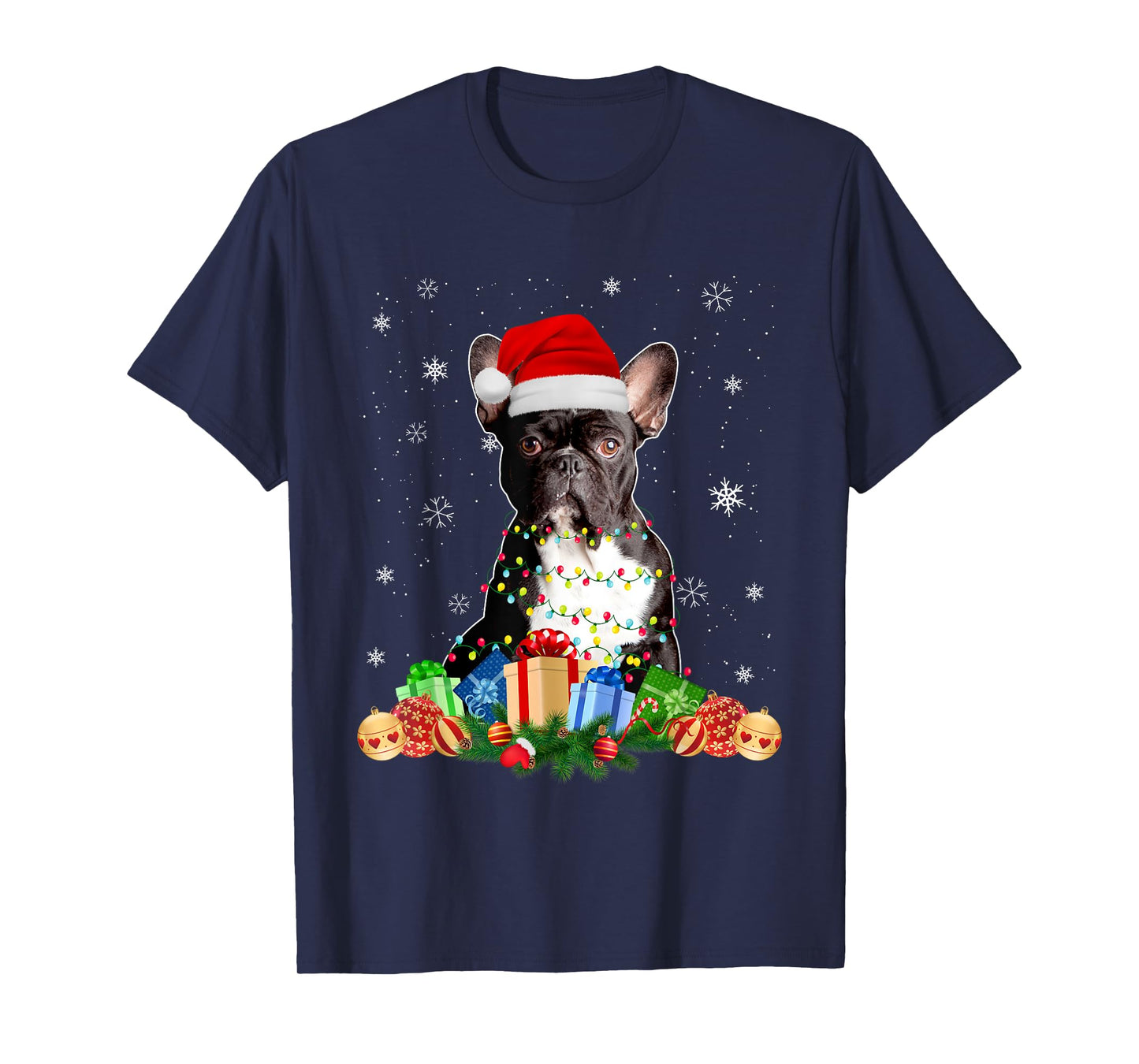 French Bulldog Dog Christmas Lights Santa Puppy Dog Lover Men Women Kids T-Shirt