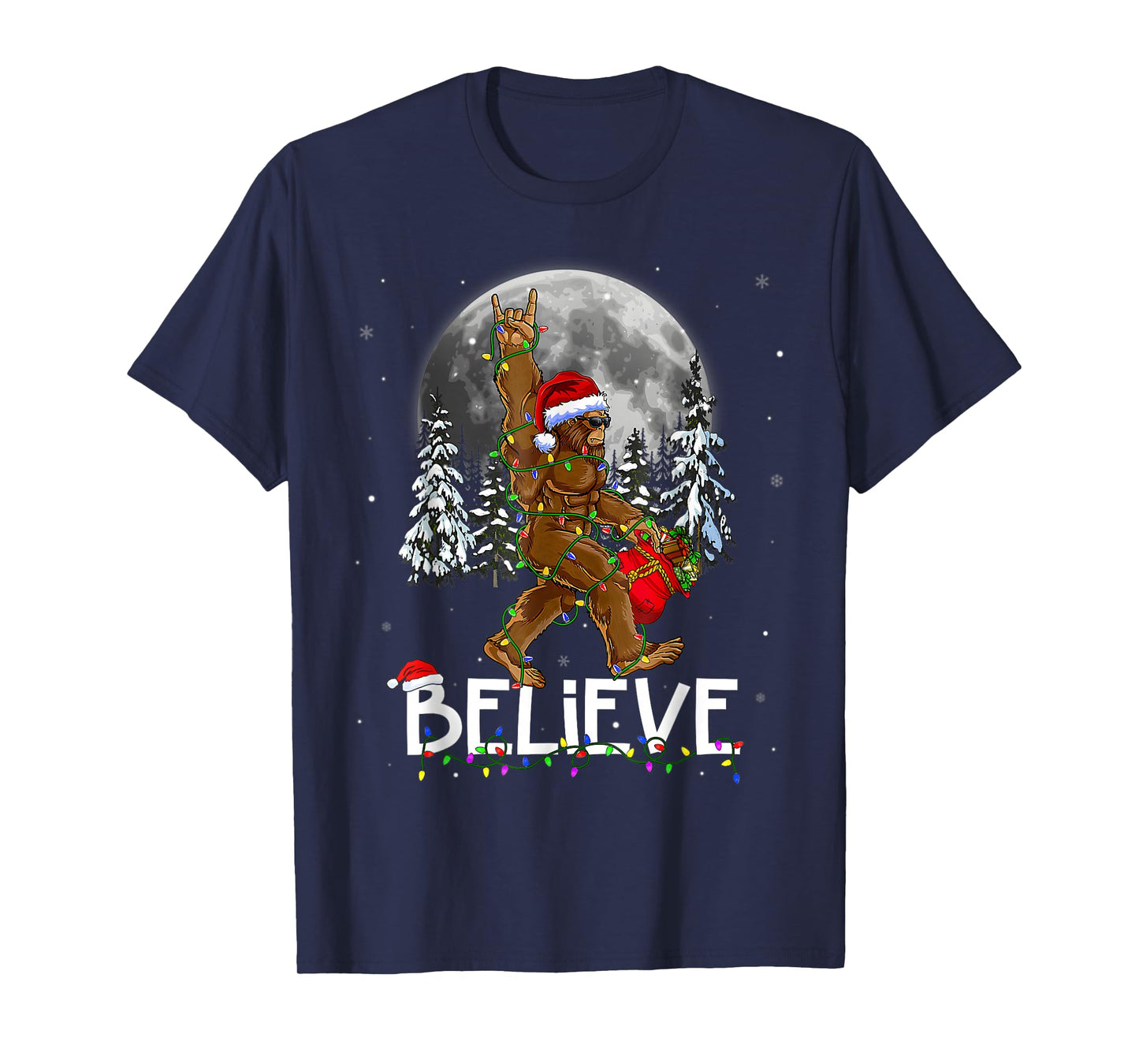 Santa Bigfoot Christmas Lights Funny Sasquatch Believe Xmas T-Shirt