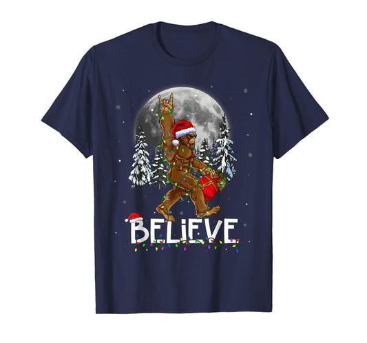 Santa Bigfoot Christmas Lights Funny Sasquatch Believe Xmas T-Shirt