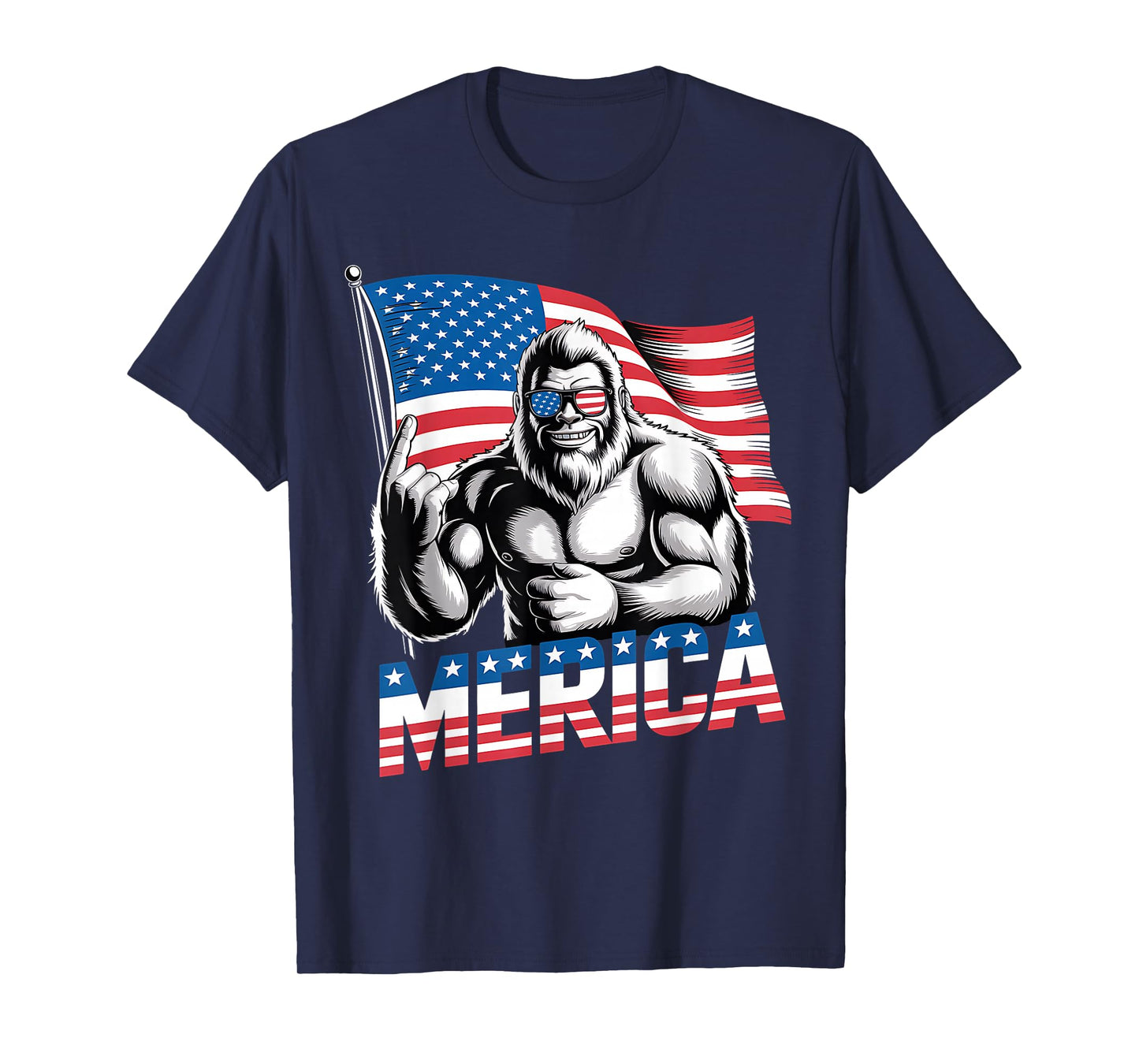 Bigfoot Merica Rock 4th of July Funny Patriotic USA Flag T-Shirt