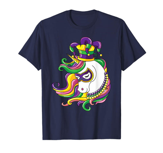 Jester Rainbow Unicorn design Mardi Gras Mask Costume T-Shirt