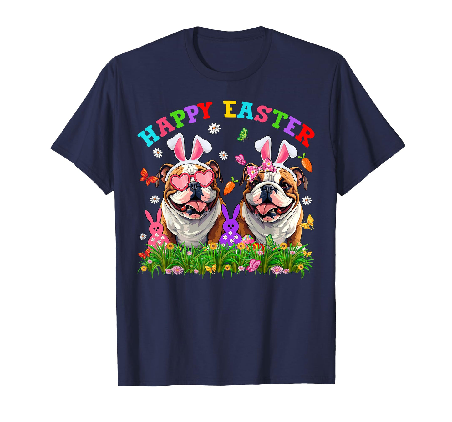 Cute English Bulldog Dog & Bunny Ears Eggs Happy Easter Day T-Shirt for Men Women Girls Kids