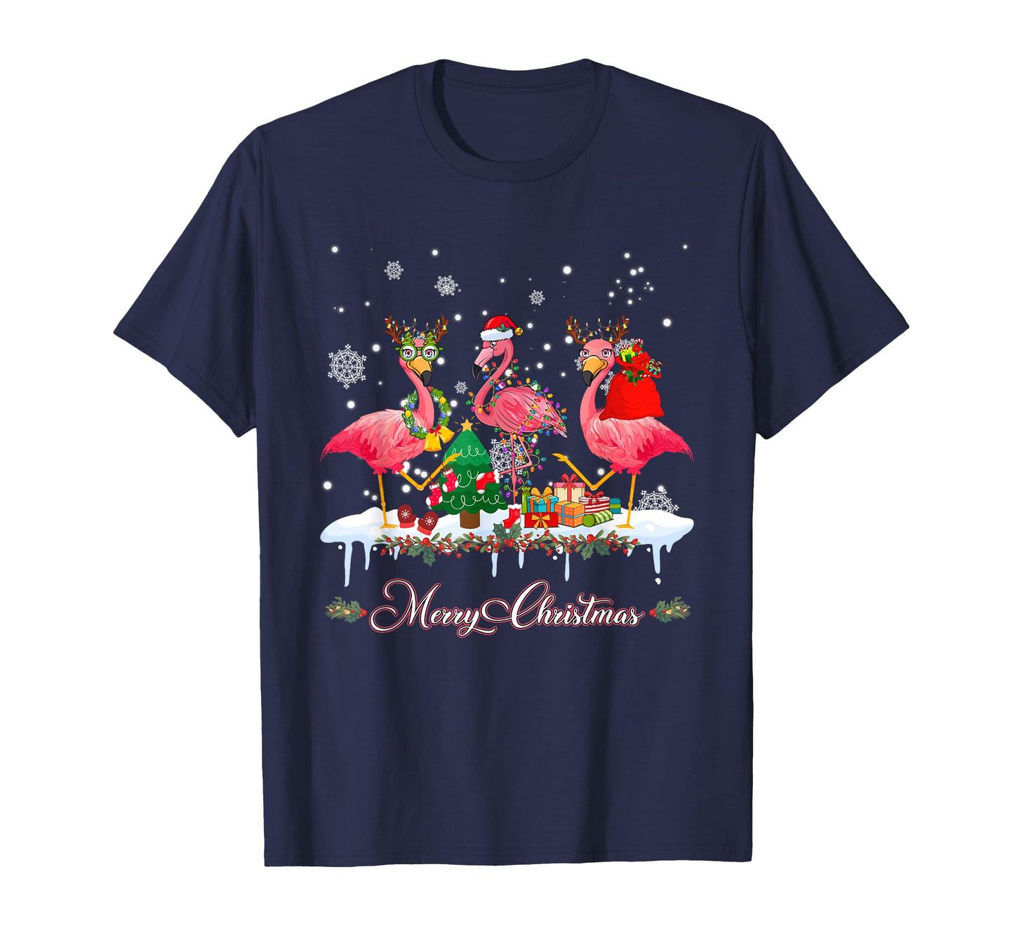 Merry Christmas Hat Santa Flamingo Light Christmas Snow T-Shirt