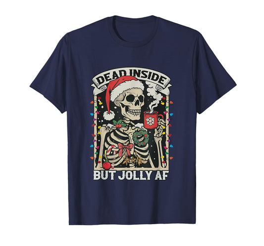 Dead Inside But Jolly AF Funny Skeleton Lights Christmas T-Shirt