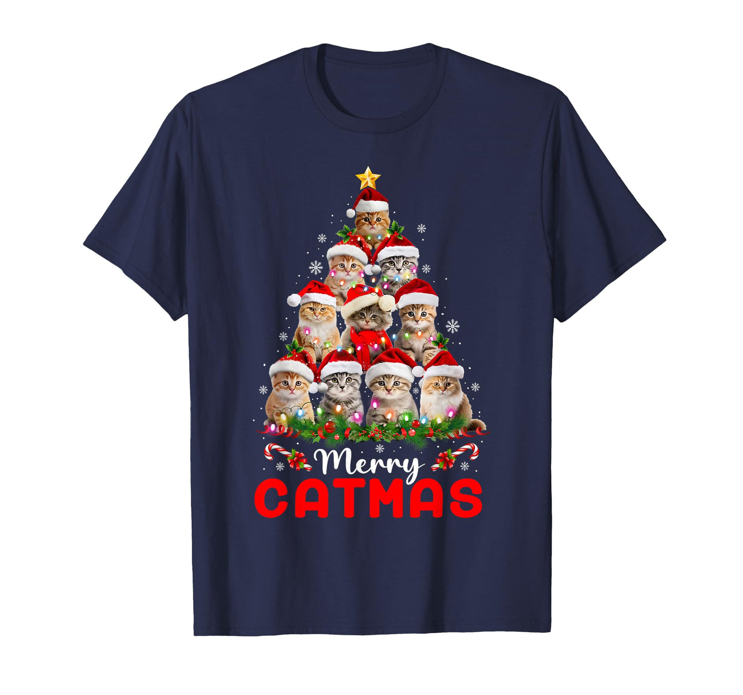 Meowy Catmas Cat Christmas Tree Lights Funny Xmas Pajamas T-Shirt