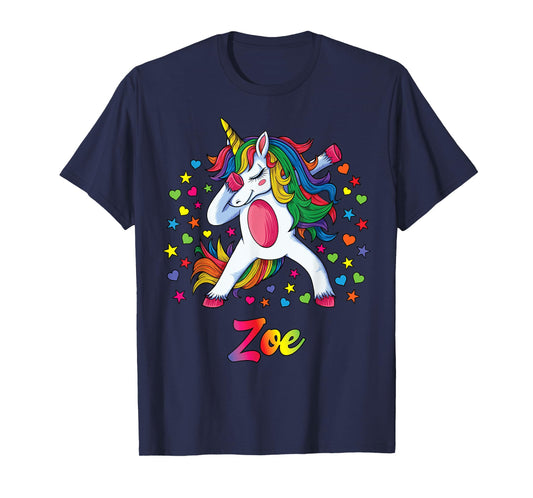 Zoe Dabbing Unicorn Rainbow Personalized Name Custom T-Shirt