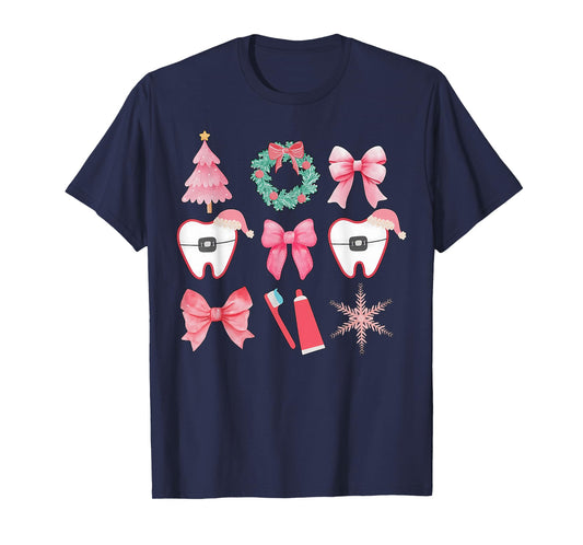 Christmas Coquette Bow Orthodontic Dental Dental Crew T-Shirt