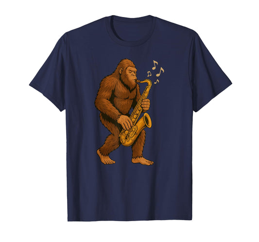 Bigfoot Playing Saxophone, Funny Sasquatch Cryptid Music T-Shirt