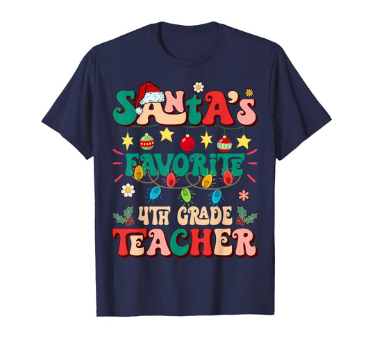 Retro Groovy Santa's Favorite 4th Grade Teacher Christmas T-Shirt
