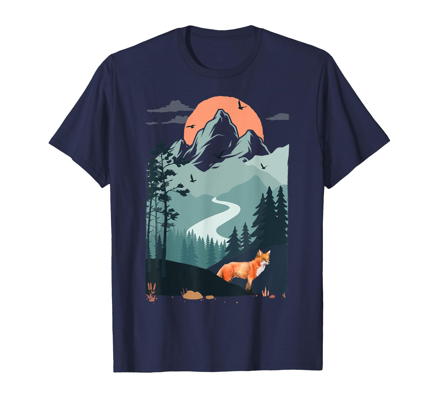 Mountain sunset Pine Tree Bird flying sky Red Standing Fox T-Shirt
