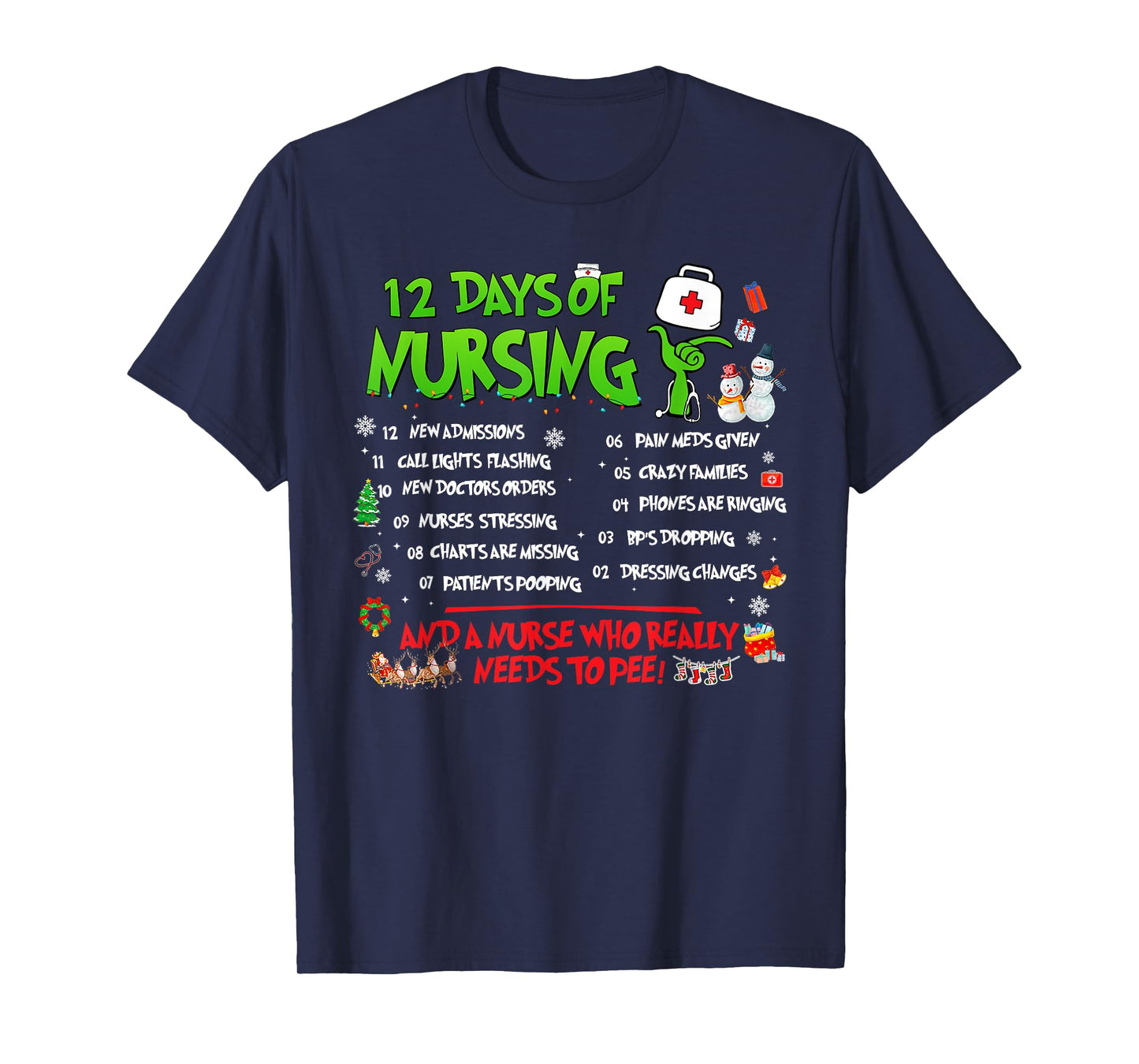 Nurses Merry Christmas Funny 12 Days of Nursing Xmas Pajamas T-Shirt
