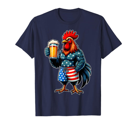 Chicken Holding Beer USA Flag Patriotic 4th of July Chicken T-Shirt