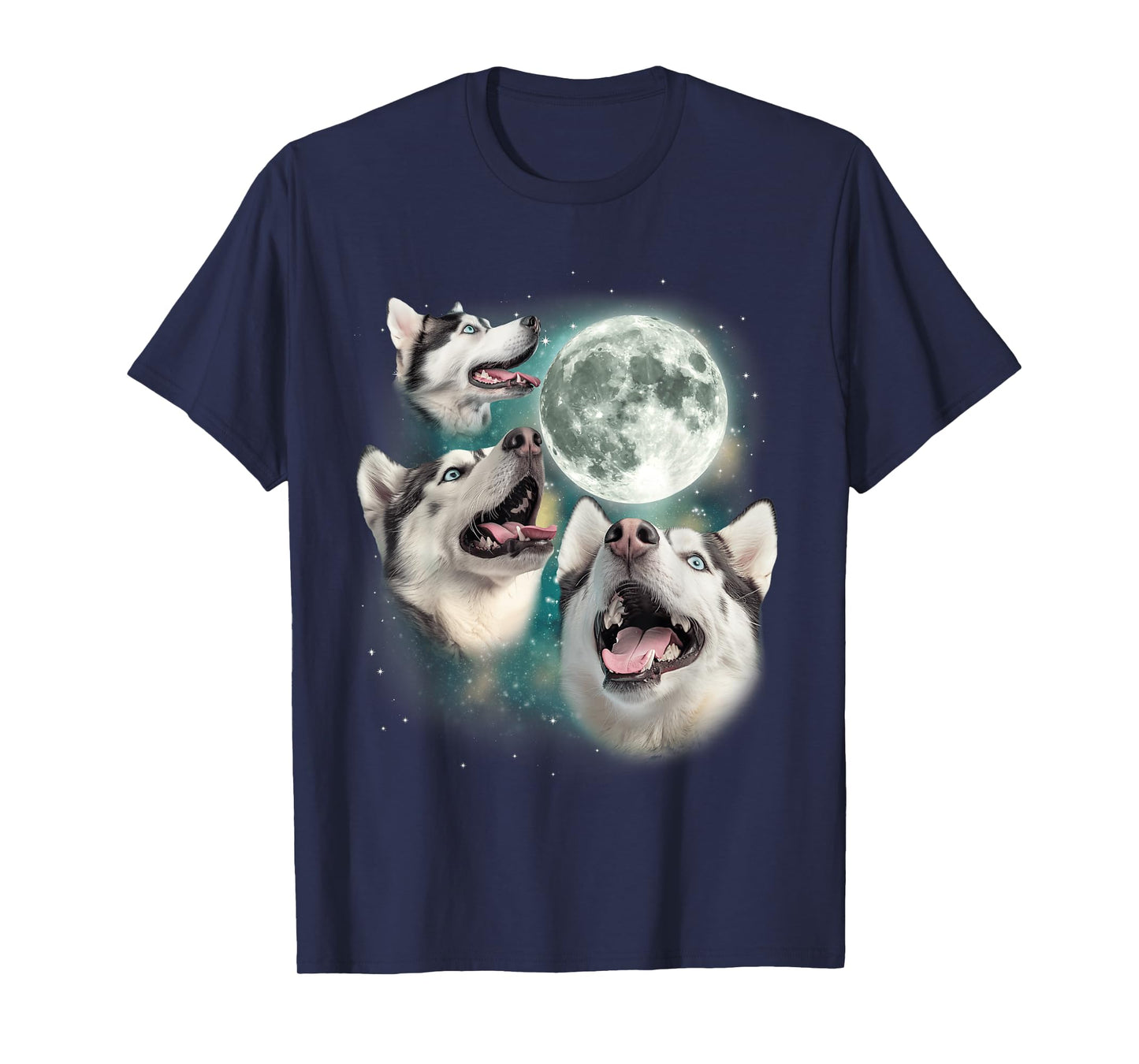 Three Siberian Huskys | 3 Arctic Dogs Howling Under The Moon T-Shirt