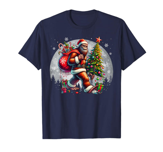 Santa Bigfoot Christmas Tree Xmas Lights Funny Sasquatch T-Shirt