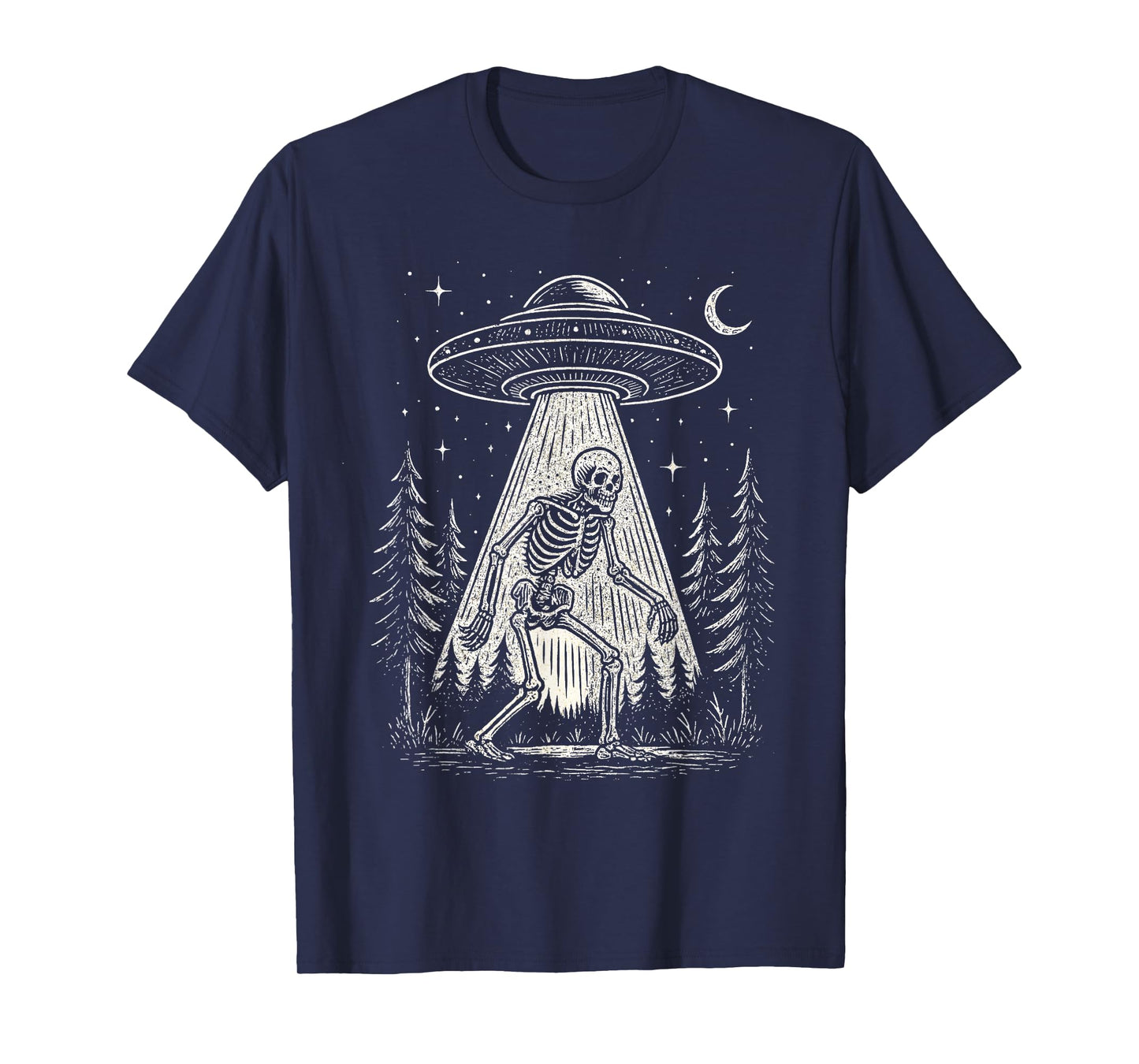 Skeleton and UFO Alien Halloween T-Shirt