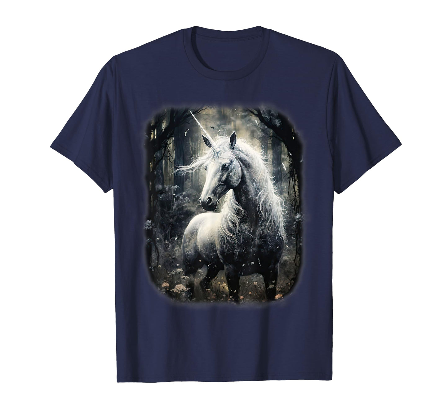 Fantasy white Unicorn standing in a Forest T-Shirt