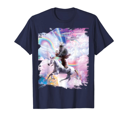 Laser Eyes Space Cat on Sloth Unicorn - Rainbow T-Shirt