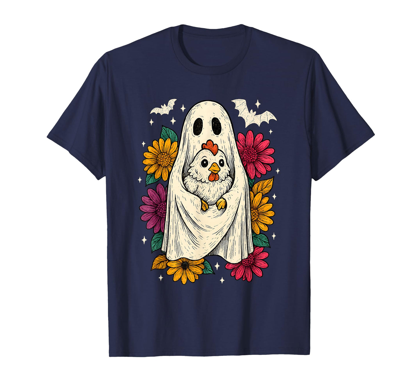 Retro Chicken Ghost Halloween Floral Cute Animal Lover T-Shirt