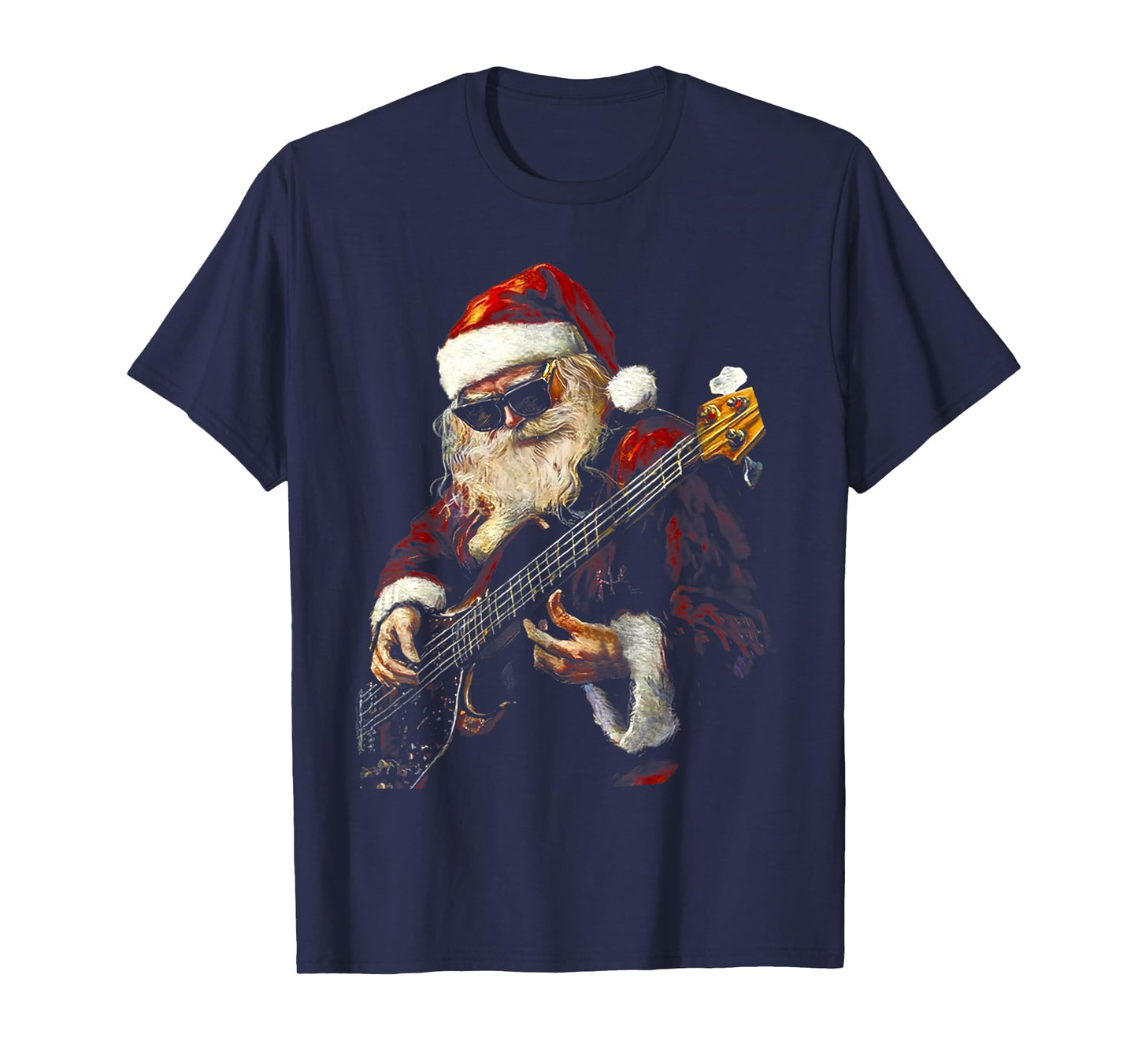 Retro Rock Santa Claus Plays Bass Guitar Paints Art T-Shirt
