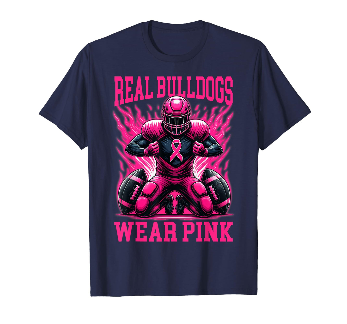 Real Bulldog Wear Pink Ribbon Tackle Breast Cancer Football T-Shirt