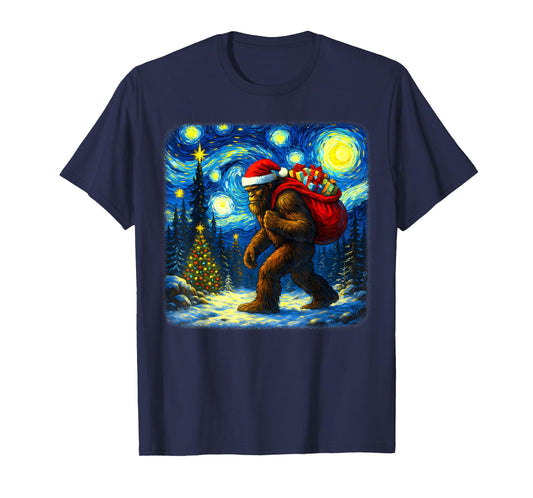 Bigfoot Santa Christmas Starry Night Sasquatch Van Gogh Art T-Shirt