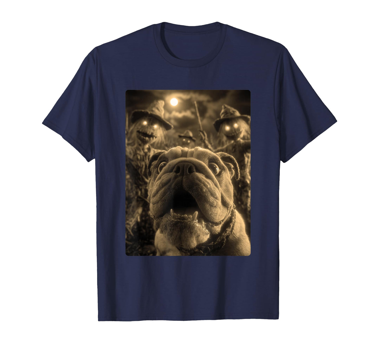 Vintage Bulldog Selfie with Spooky Scarecrows Halloween Dog T-Shirt