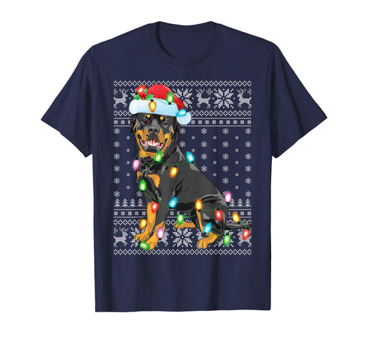 Ugly Sweater Xmas Lights Santa Hat Rottweiler Dog Christmas T-Shirt