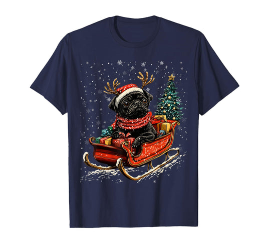 Santa Black Pug reindeer Light Christmas T-Shirt