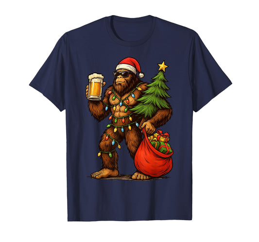 Funny Big Foot Santa Hat Drink Christmas Tree Xmas Men T-Shirt