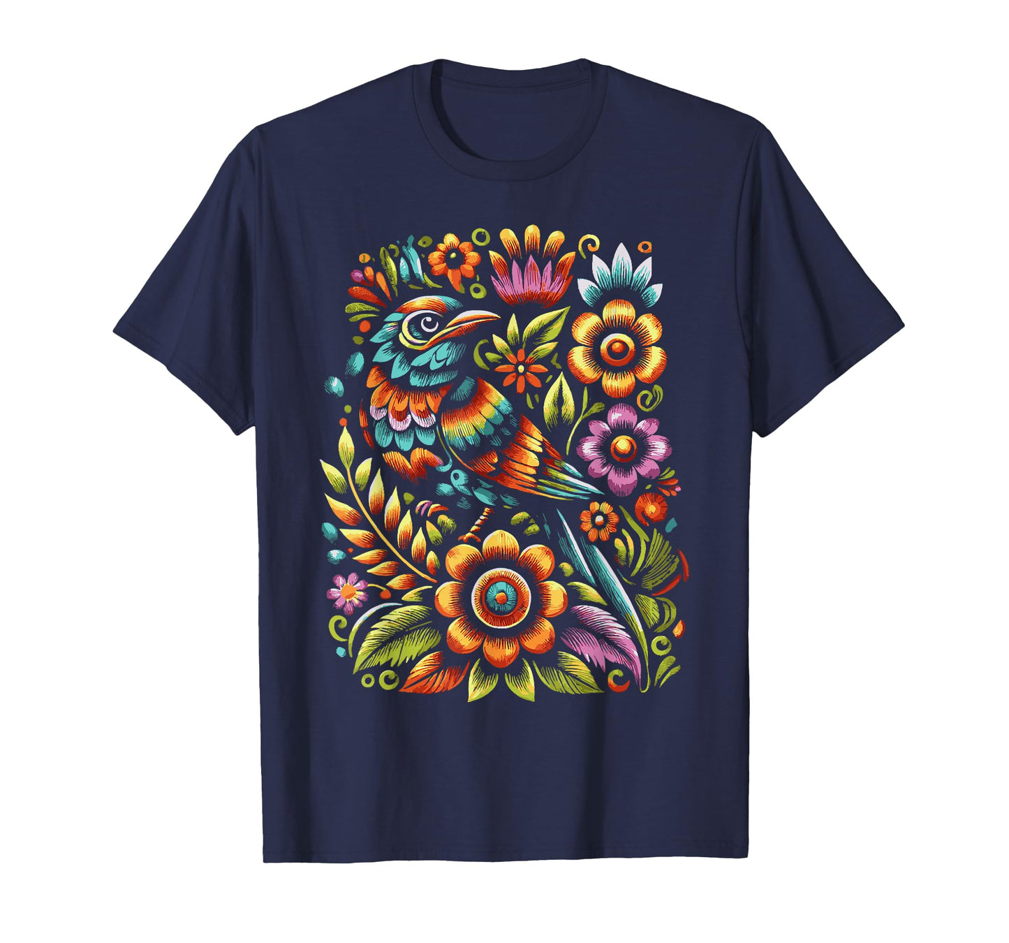 Floral Bird Otomi Mexican Embroidery Style Mexicano Mexicana T-Shirt