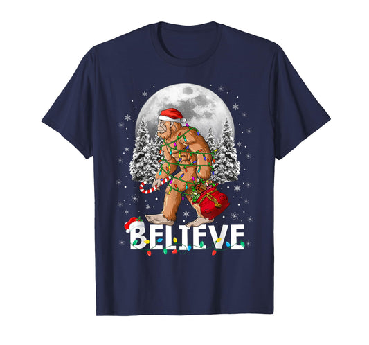 Santa Bigfoot Christmas Lights Funny Sasquatch Believe Xmas T-Shirt