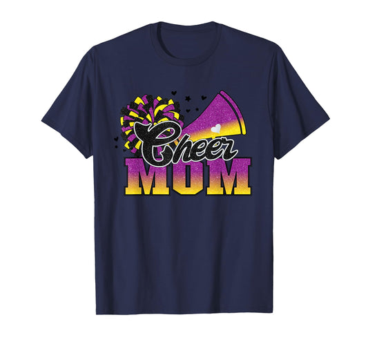 Football Cheer Mom Purple Yellow Black Pom Leopard T-Shirt