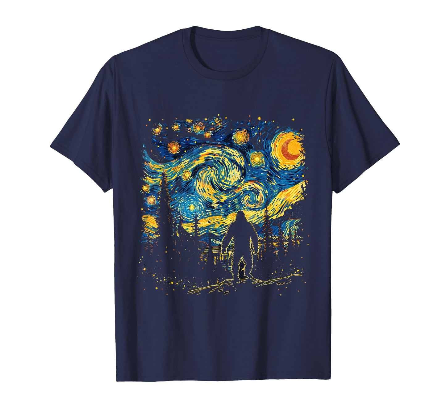 Funny Bigfoot Starry Night Sasquatch Van Gogh Sky Painting T-Shirt