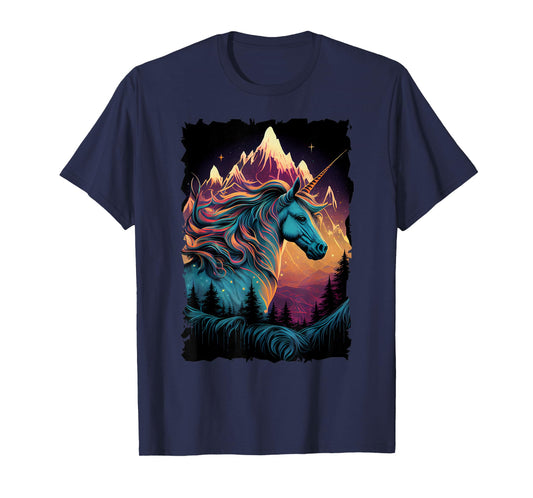 Vintage Unicorn Silhouette with Mountain Sunset Fantasy T-Shirt
