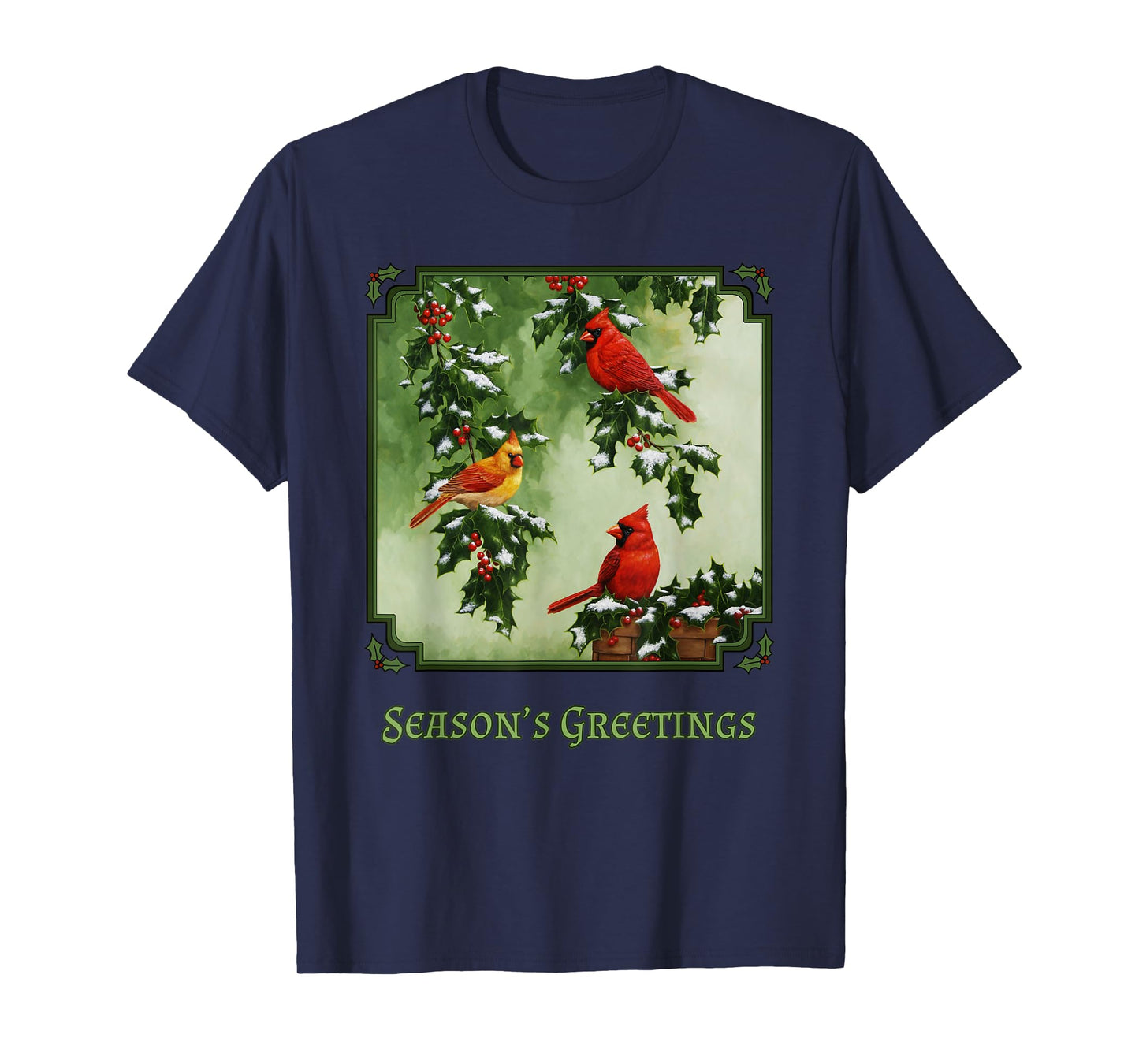 Red Cardinal Birds Christmas Holly Berries Leaves Snow T-Shirt