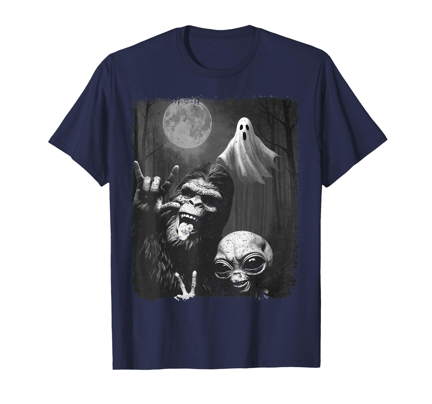 Funny Sasquatch & Alien Rock On Hand Sign Ghost Selfie T-Shirt