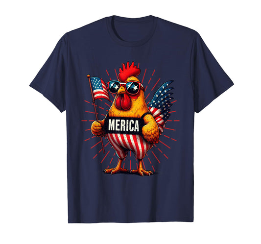 Merica Chicken Rooster 4th of July Patriotic American Flag T-Shirt