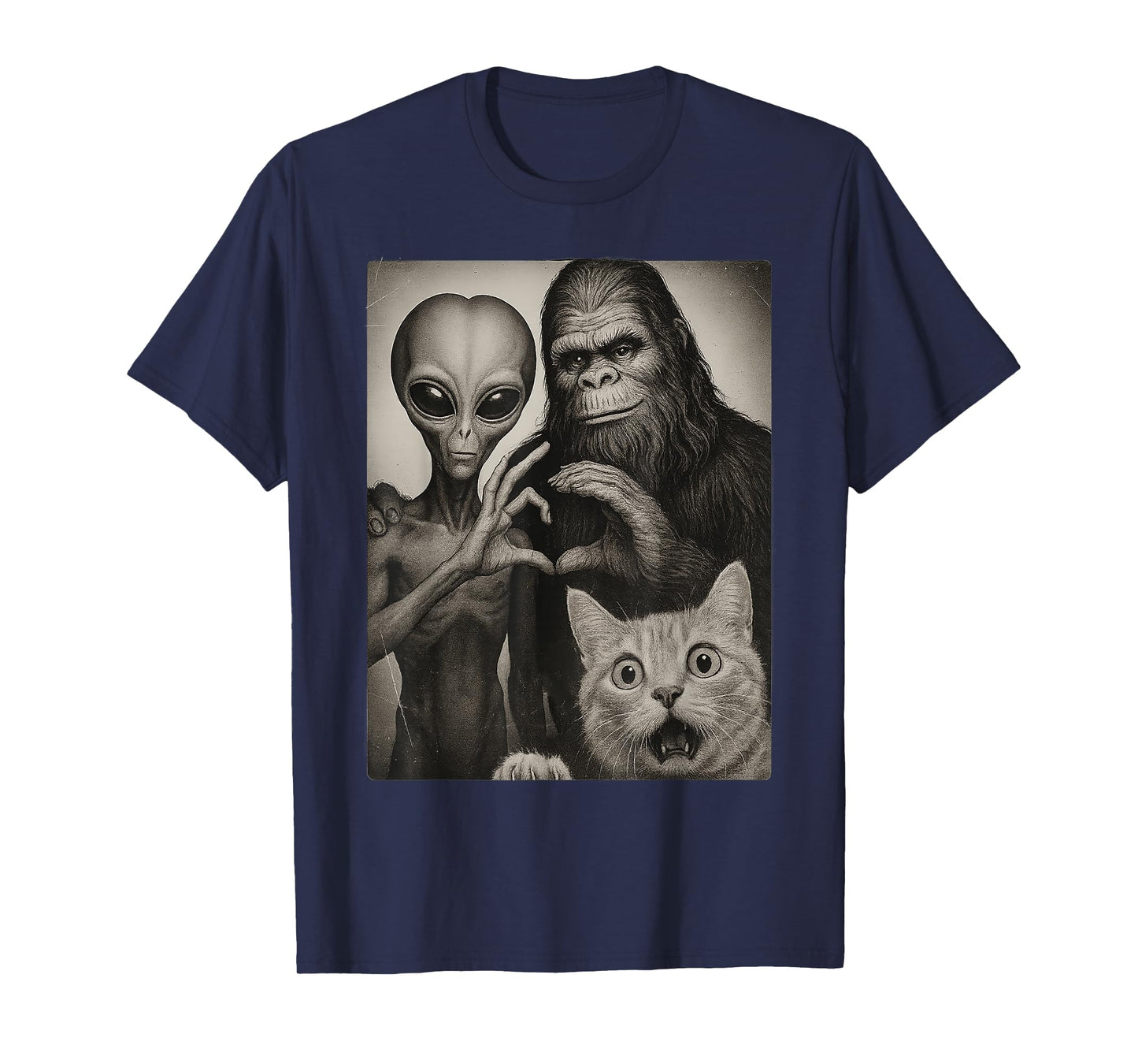 Funny Cat Selfie with Romantic Bigfoot in Love with Alien T-Shirt