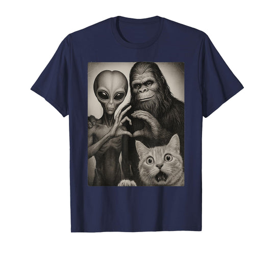 Funny Cat Selfie with Romantic Bigfoot in Love with Alien T-Shirt