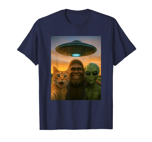Orange Cat Selfie Bigfoot UFO Alien T-Shirt