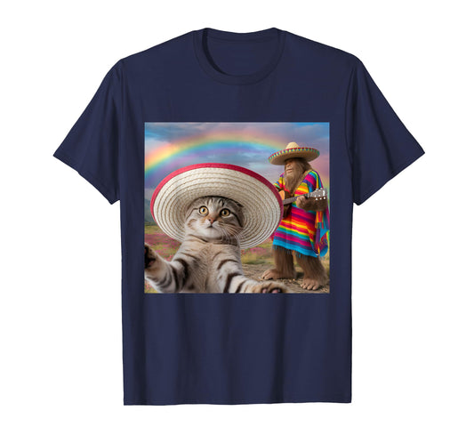 Funny Cat Selfie With Bigfoot Cinco de Mayo Men Women Kids T-Shirt