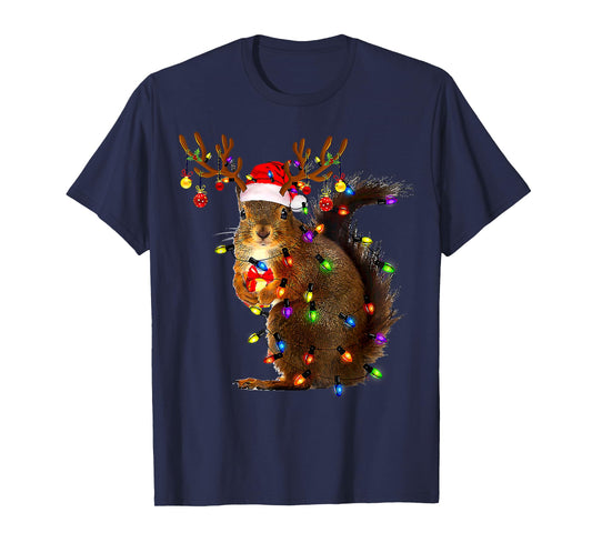 Funny Squirrel Christmas Tree Lights Reindeer Santa Hat Xmas T-Shirt