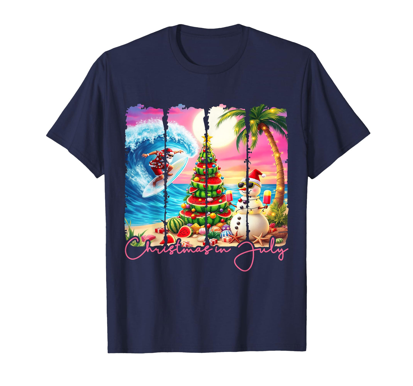 Summer Vibes Xmas in July Santa Surfing Beach Trip Tropical T-Shirt