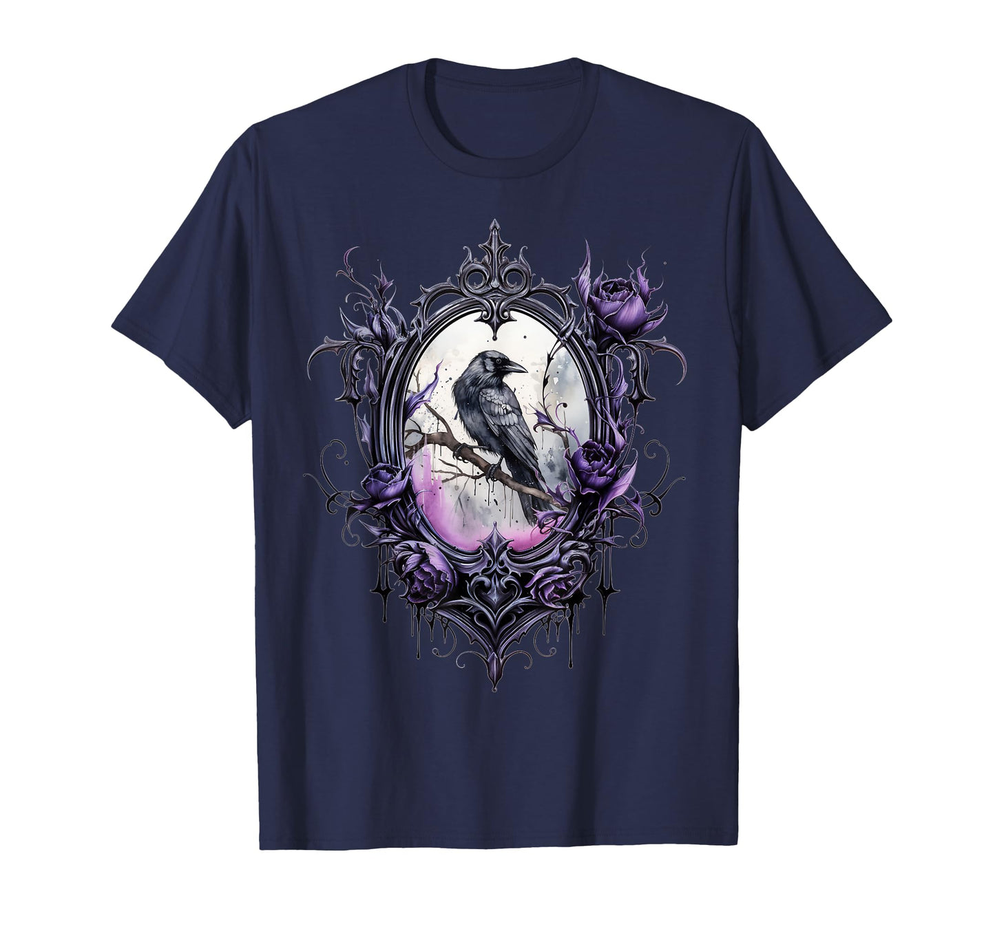 Gothic Halloween Raven Rose Purple Majestic Bird T-Shirt