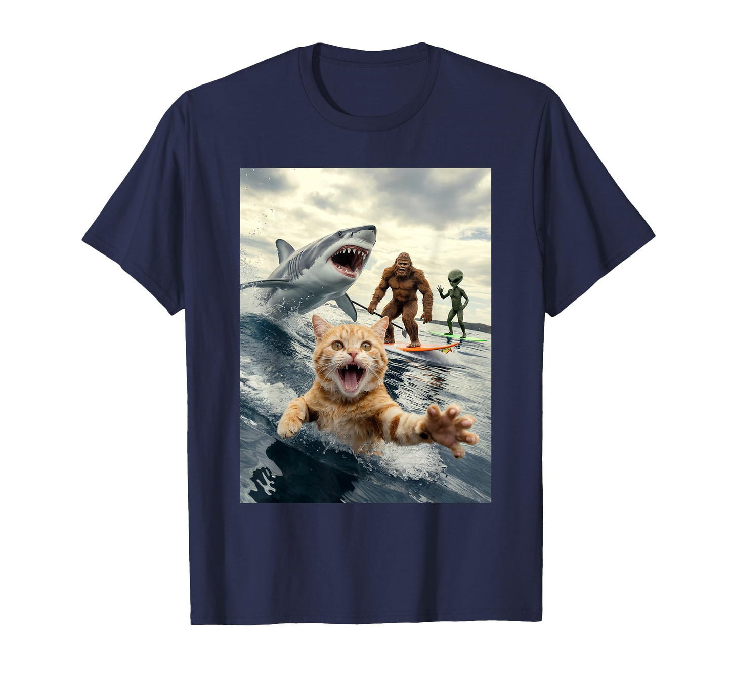 Funny Cat Surfing Bigfoot Alien Shark Men Women T-Shirt