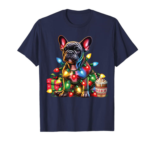 French bulldog Lovers Xmas Reindeer Antlers Christmas Lights Men Women Kids T-Shirt