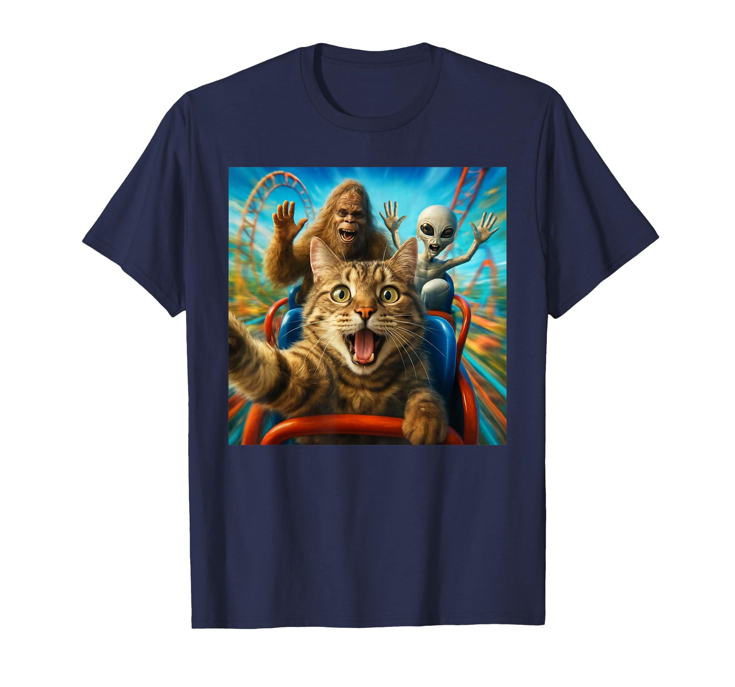 Funny Cat Selfie with Big Foot & Alien Roller Coaster Meme T-Shirt